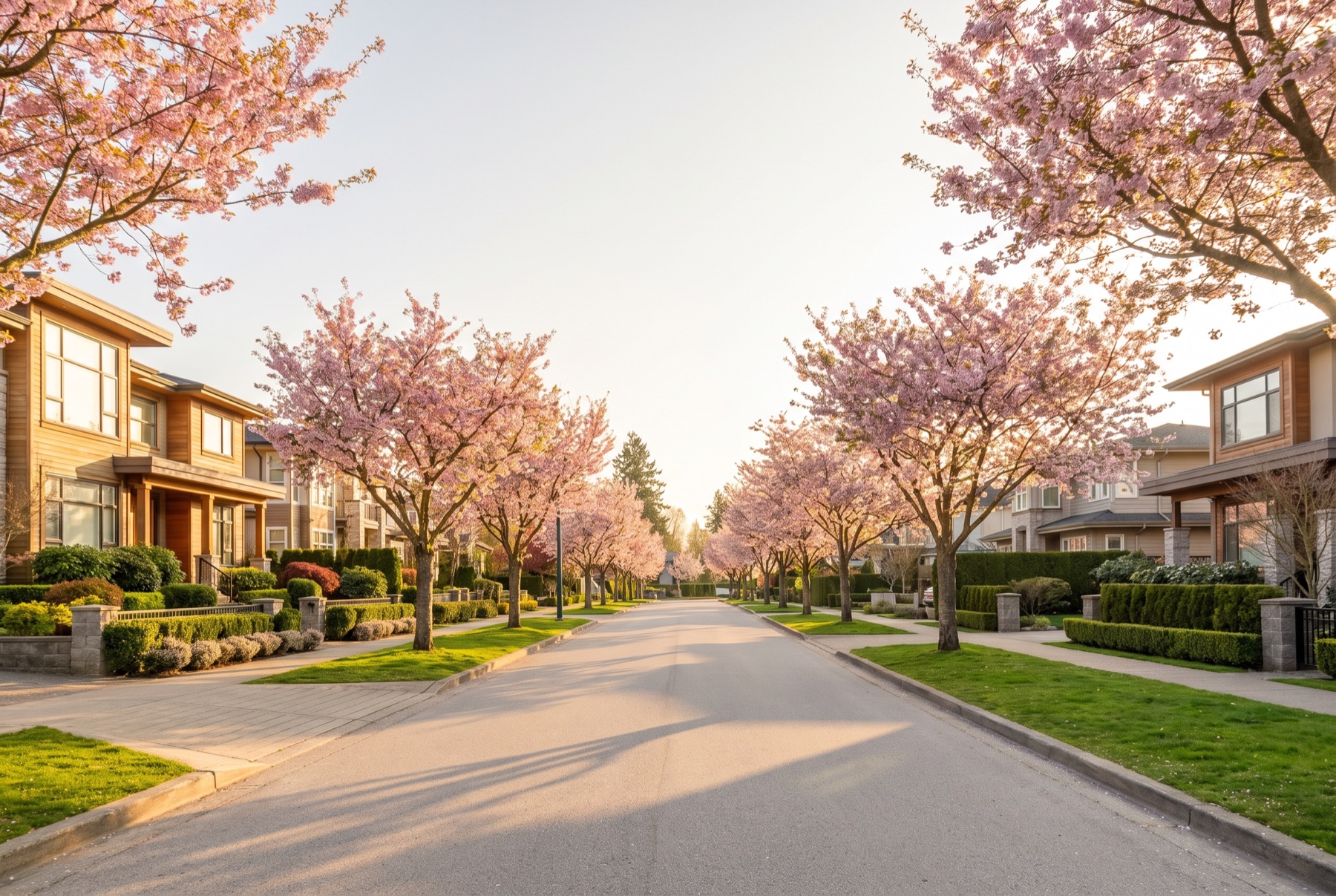 Tree-lined residential street of family homes